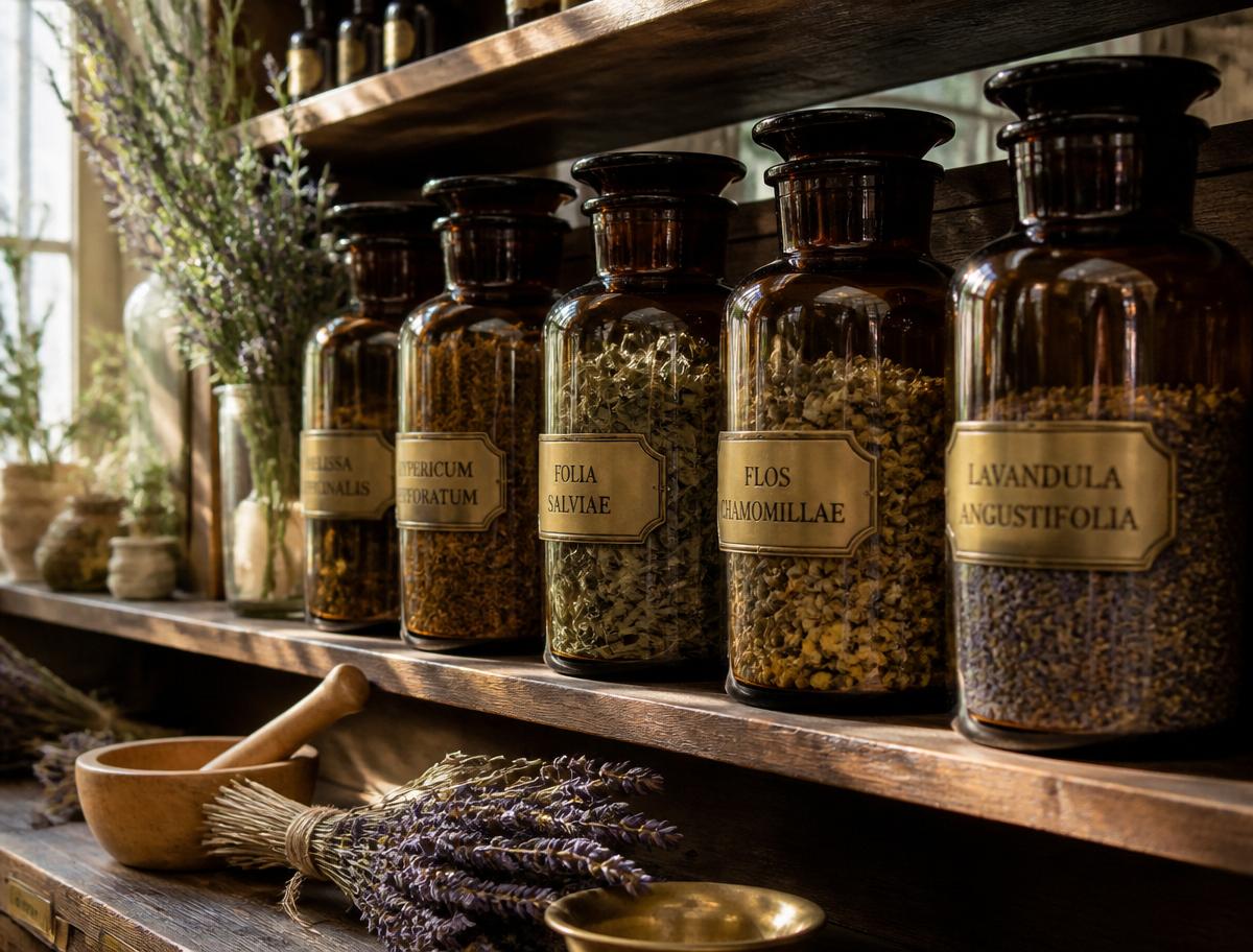 Botica ancestral con frascos de hierbas medicinales